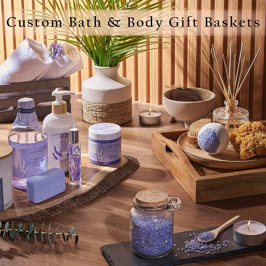 Custom Bath and Body Gift Baskets. Create a tailored gift filled with their favorite spa items, delicious treats, and optional bottles of wine or champagne - Philadelphia Baskets