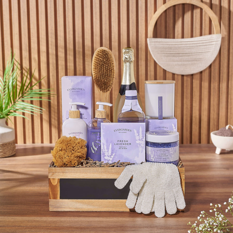Immerse yourself in the ultimate spa indulgence with the Deluxe Lavender & Champagne Spa Gift Set from Philadelphia Baskets - Philadelphia delivery