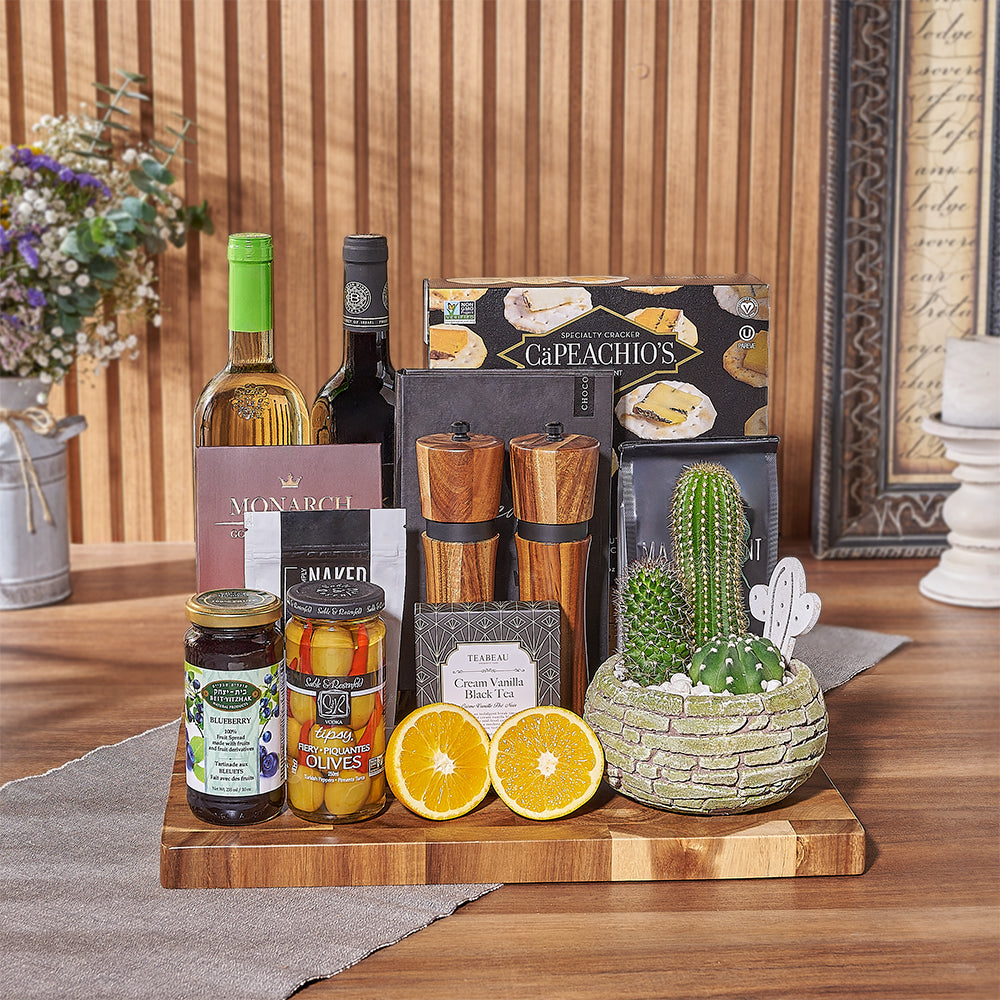 Elegant Brick Planter Wine Gift Basket with Kosher Wines and Chocolates – how the gift is presented
