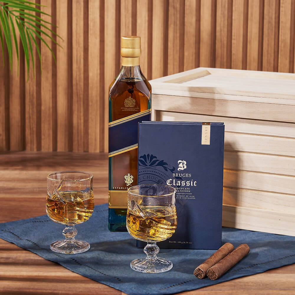 Whiskey Liquor Gift Crate with Bruges Book Blue Chocolates and Two Cigars – how the gift is presented