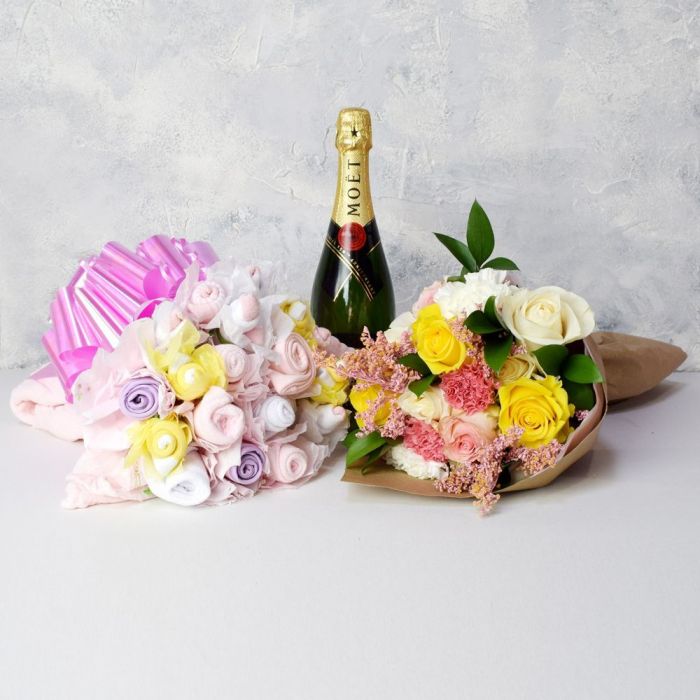 Newborn Baby Girl Celebration Gift Basket with Champagne and Baby Rose Bouquet – how the gift is presented