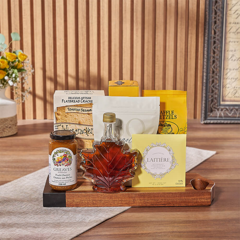 Snack Platter on Dark Wood Board – how the gift is presented