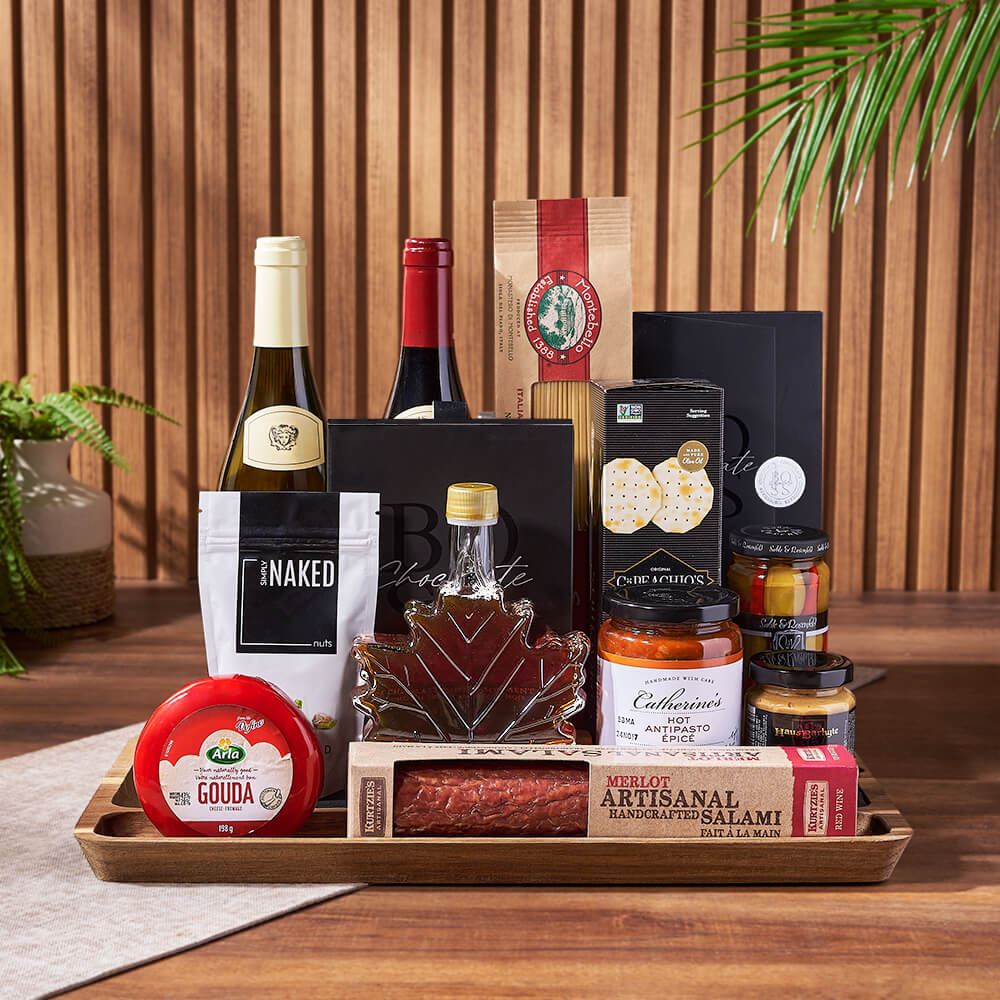 Wine Basket on Wooden Serving Board – how the gift is presented