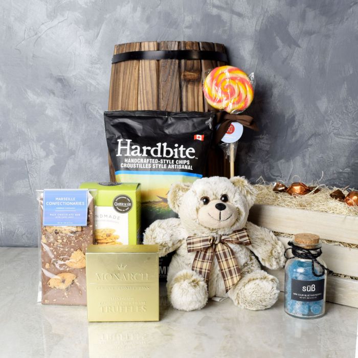 Signature Wood and Steel Crate with Assorted Snacks and Plush Bear – how the gift is presented