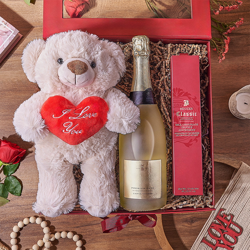 Valentine's Day Sparkling Wine Gift Basket with Teddy Bear and Chocolates – how the gift is presented