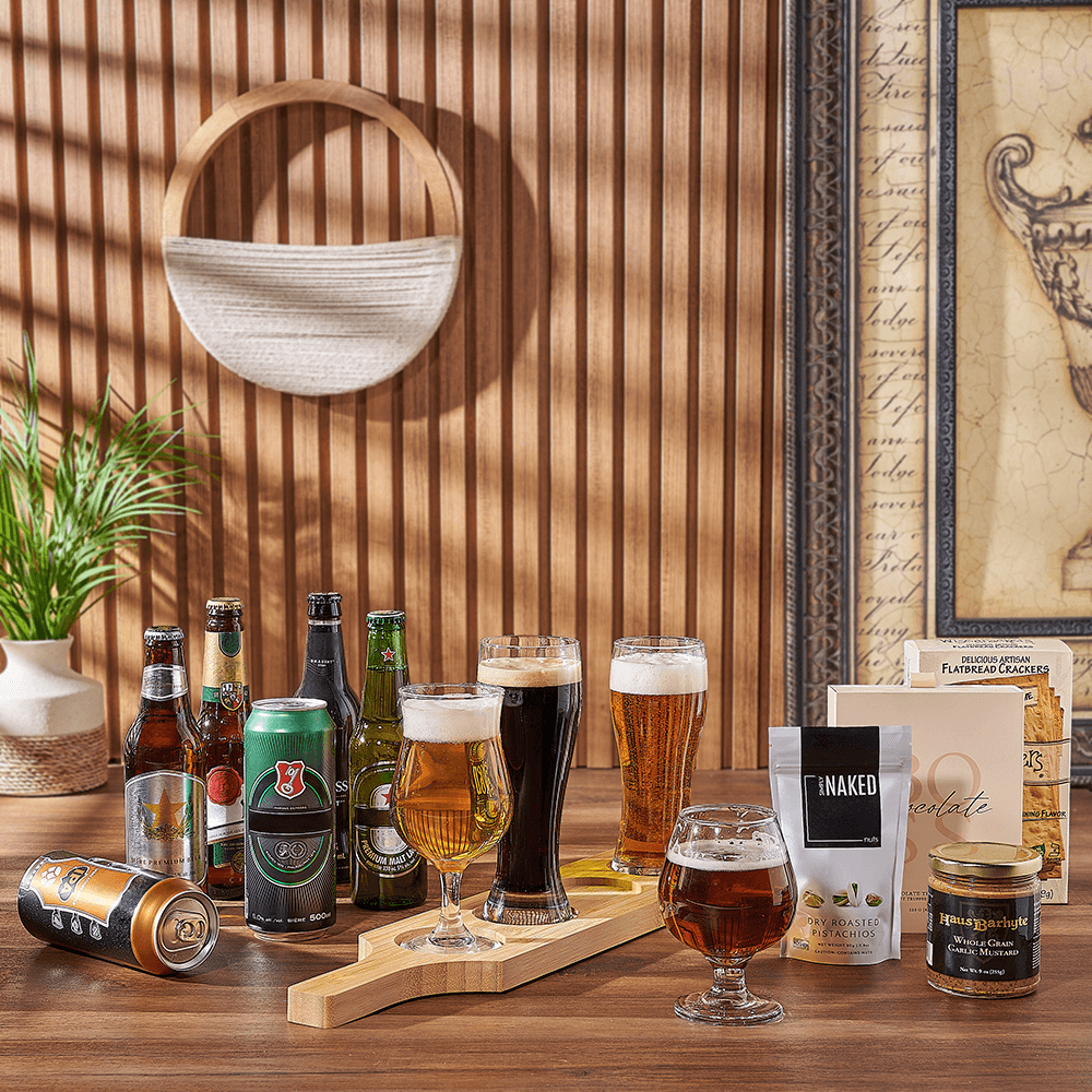 Premium Beer Flight with Crackers, Truffles & Nuts Gift Basket – how the gift is presented