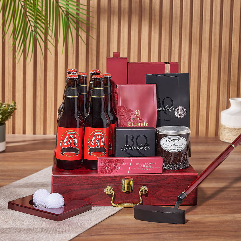 Golf Beer and Gourmet Treats Basket – how the gift is presented