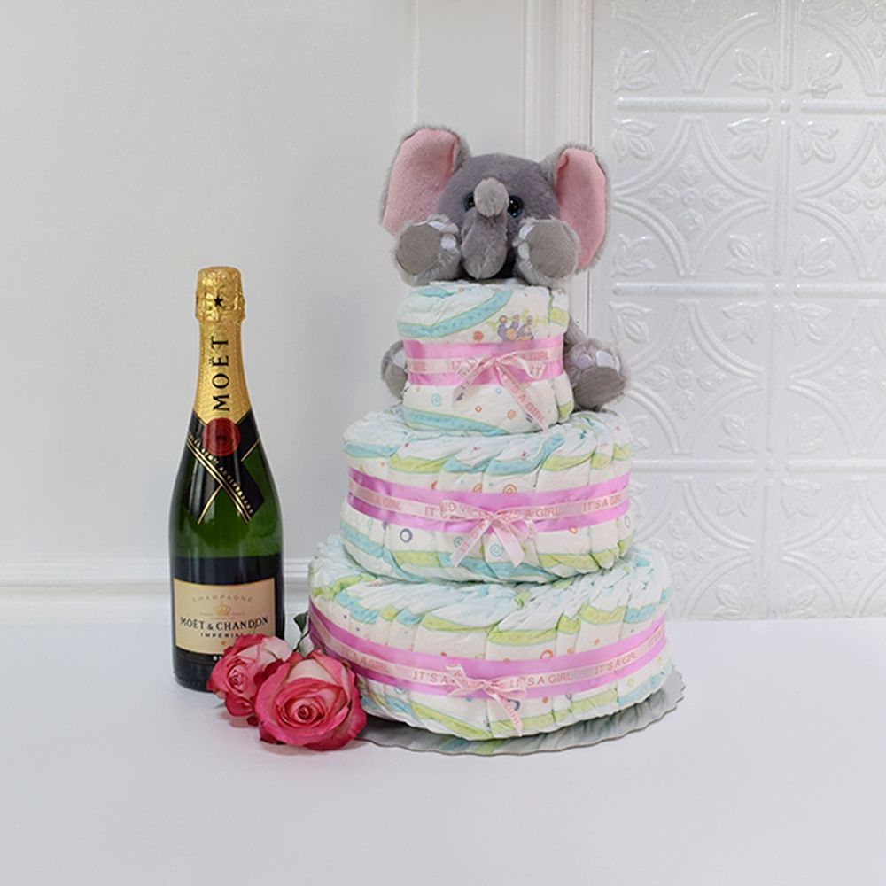 Champagne Gift Basket with Plush Elephant and Diaper Cake – how the gift is presented
