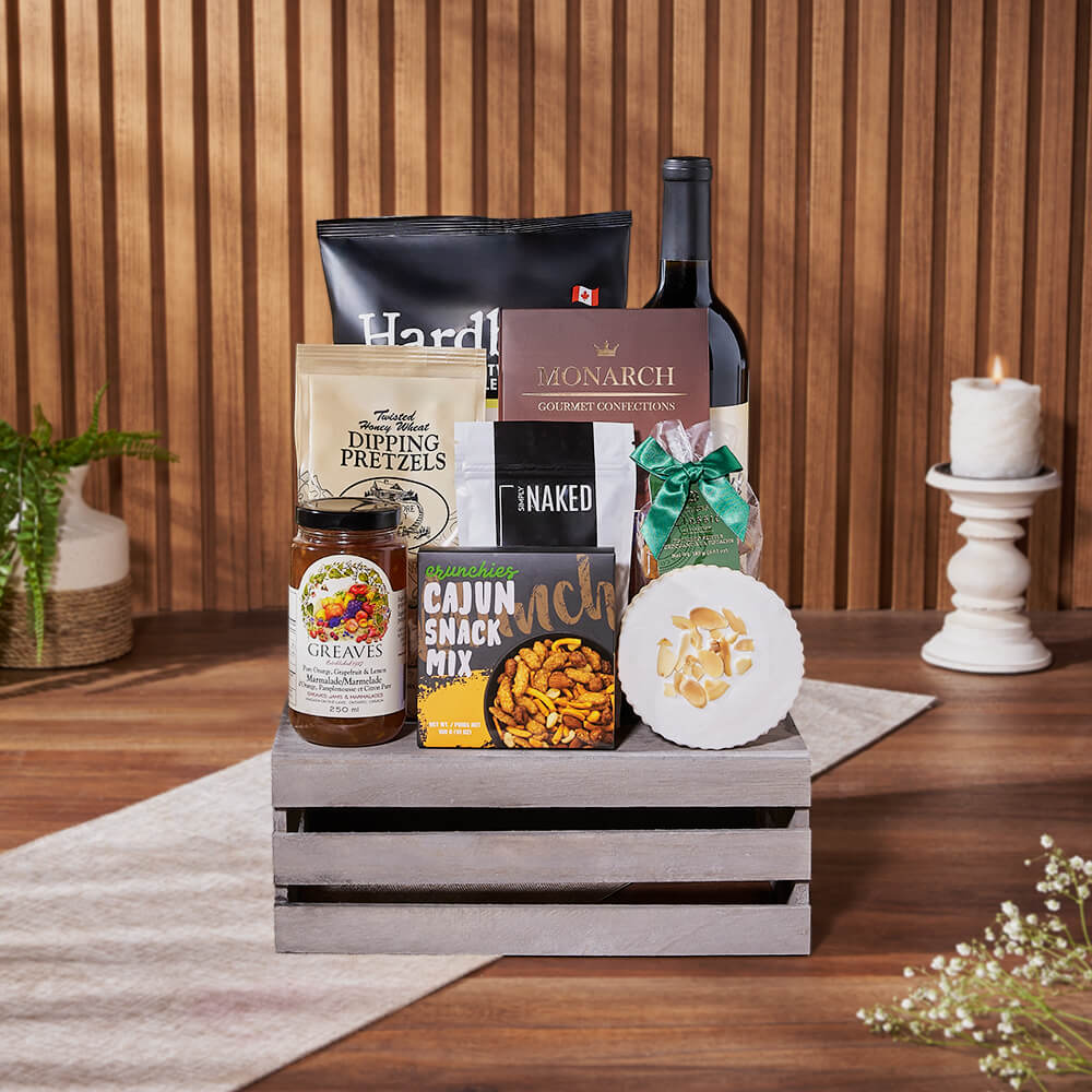 Wine Crate with Assorted Snacks – how the gift is presented