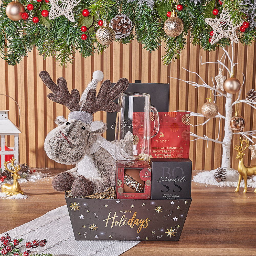 Reindeer Plush and Chocolate Basket – how the gift is presented