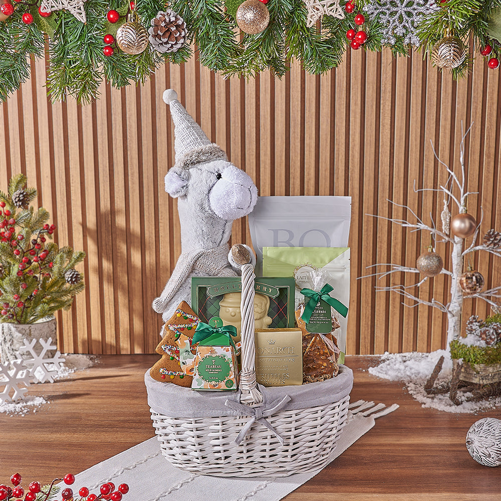 Holiday Plush Llama and Gourmet Snacks Gift Basket – how the gift is presented