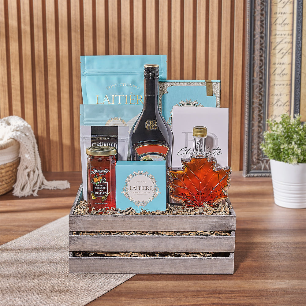 Liquor Gift Basket with Chocolate Confections – how the gift is presented