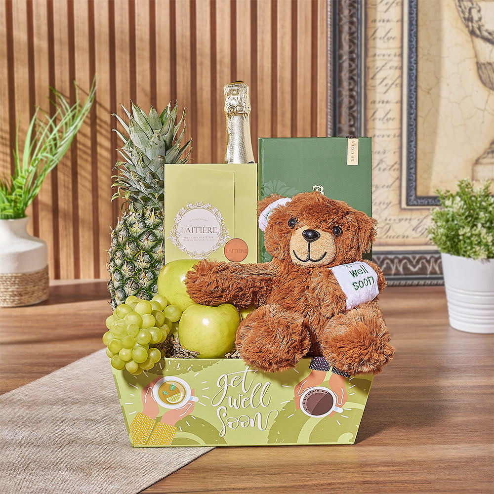 Sparkling Wine and Assorted Treats Get Well Soon Gift – how the gift is presented