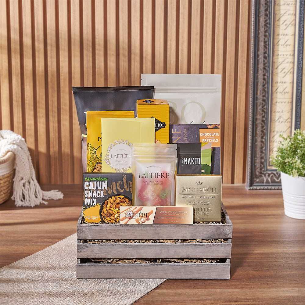 Snack Selection Gift Basket with Chocolates – how the gift is presented