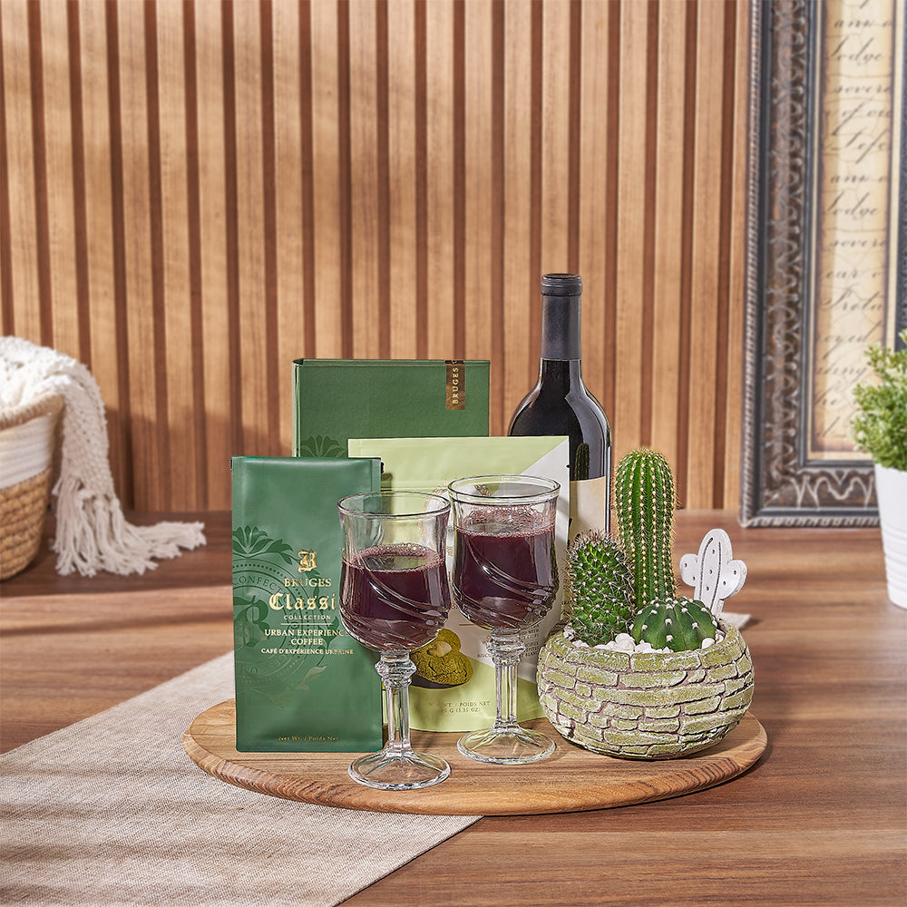 Wine and Coffee Basket with Chocolates – how the gift is presented