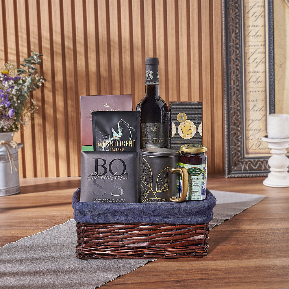 Elevate your Hanukkah festivities with the Happy Hanukkah Wine Gift Basket from Philadelphia Baskets - Philadelphia Delivery