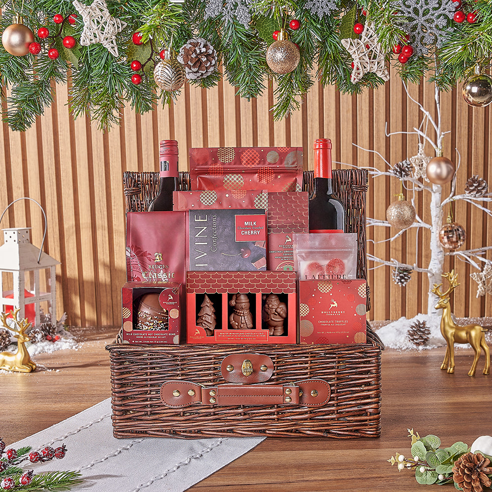 Holiday Two-Bottle Wine and Gourmet Basket in Wicker Picnic Style – how the gift is presented