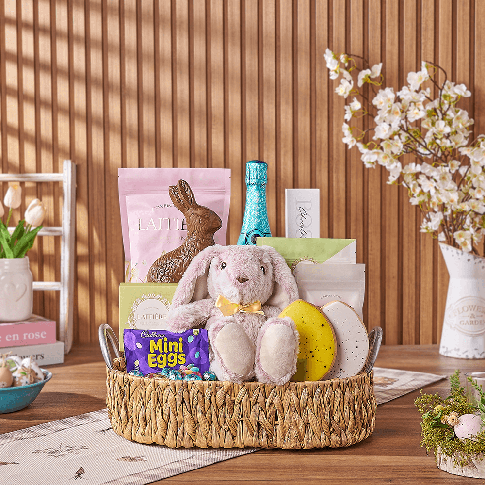 Sparkling Wine with Plush Bunny Basket – how the gift is presented
