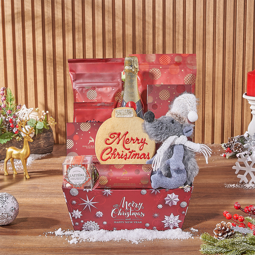 Premium Holiday Sparkling Wine Gift Basket with Seasonal Snacks – how the gift is presented