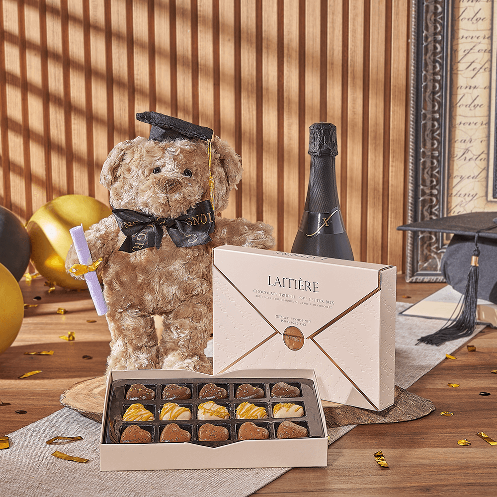 Champagne & Graduate Bear, champagne gift, champagne, sparkling wine gift, sparkling wine, graduation gift, graduation, chocolate gift, chocolate, Philadelphia delivery