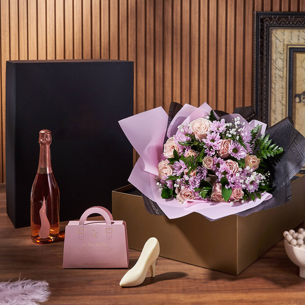 Champagne &amp; Mixed Rose Gift Set, sparkling wine gift, sparkling wine, rose gift, rose, flower gift, flowers, floral gift basket, floral gift, Philadelphia Delivery