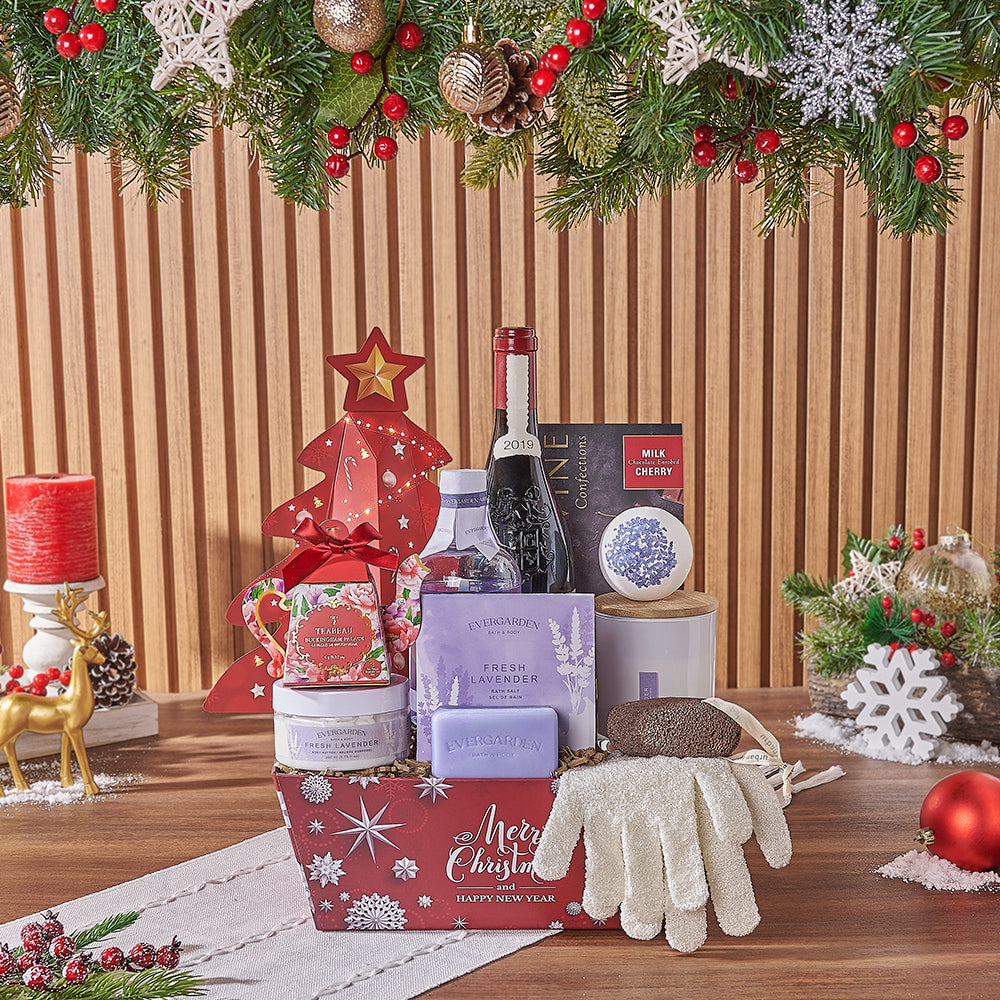 Christmas Wine &amp; Spa Gift Set, wine gift, wine, spa gift, spa, chocolate gift, chocolate, tea gift, tea, Philadelphia delivery