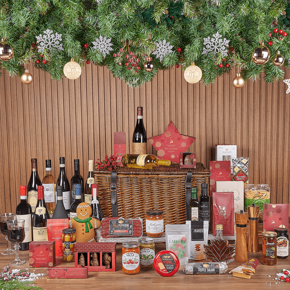 Christmas Wine &amp; Treat Extravaganza Basket, christmas gift, christmas, wine gift, wine, chocolate gift, chocolate, Philadelphia delivery