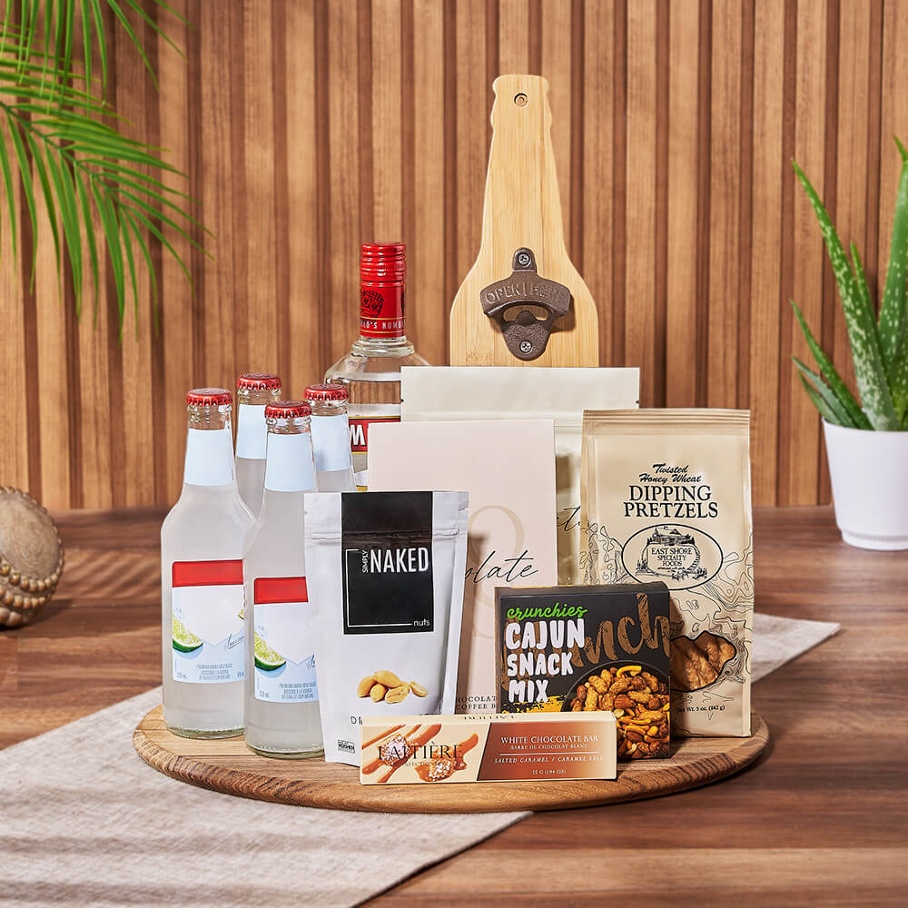 Coolers &amp; Crunch Liquor Basket from Philadelphia Baskets - Liquor Gift Set - Philadelphia Delivery