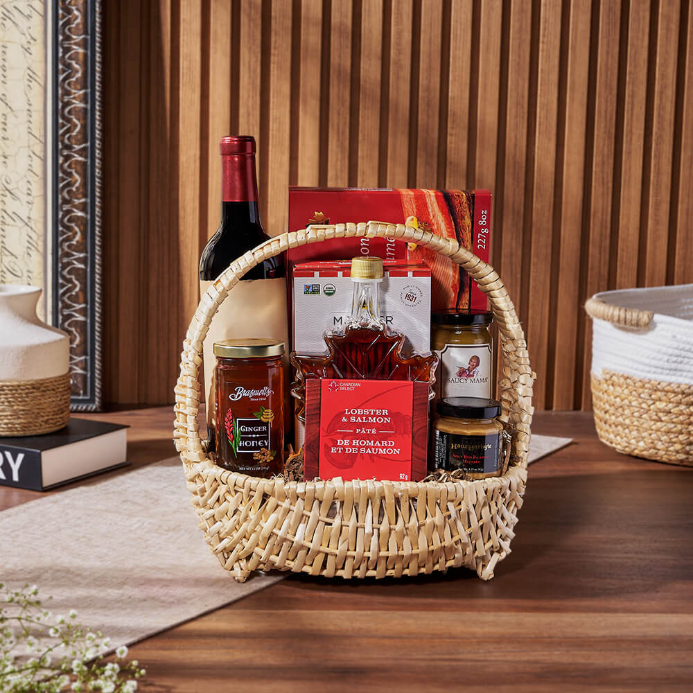 Small Wide Boat Basket with Wine and Lobster & Salmon Pâté – how the gift is presented