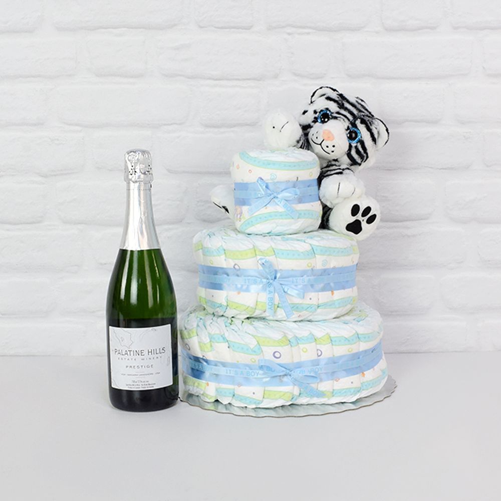 Diapers &amp; Plush Tiger Champagne Gift Set from Philadelphia Baskets - Champagne Gift Basket - Philadelphia Delivery