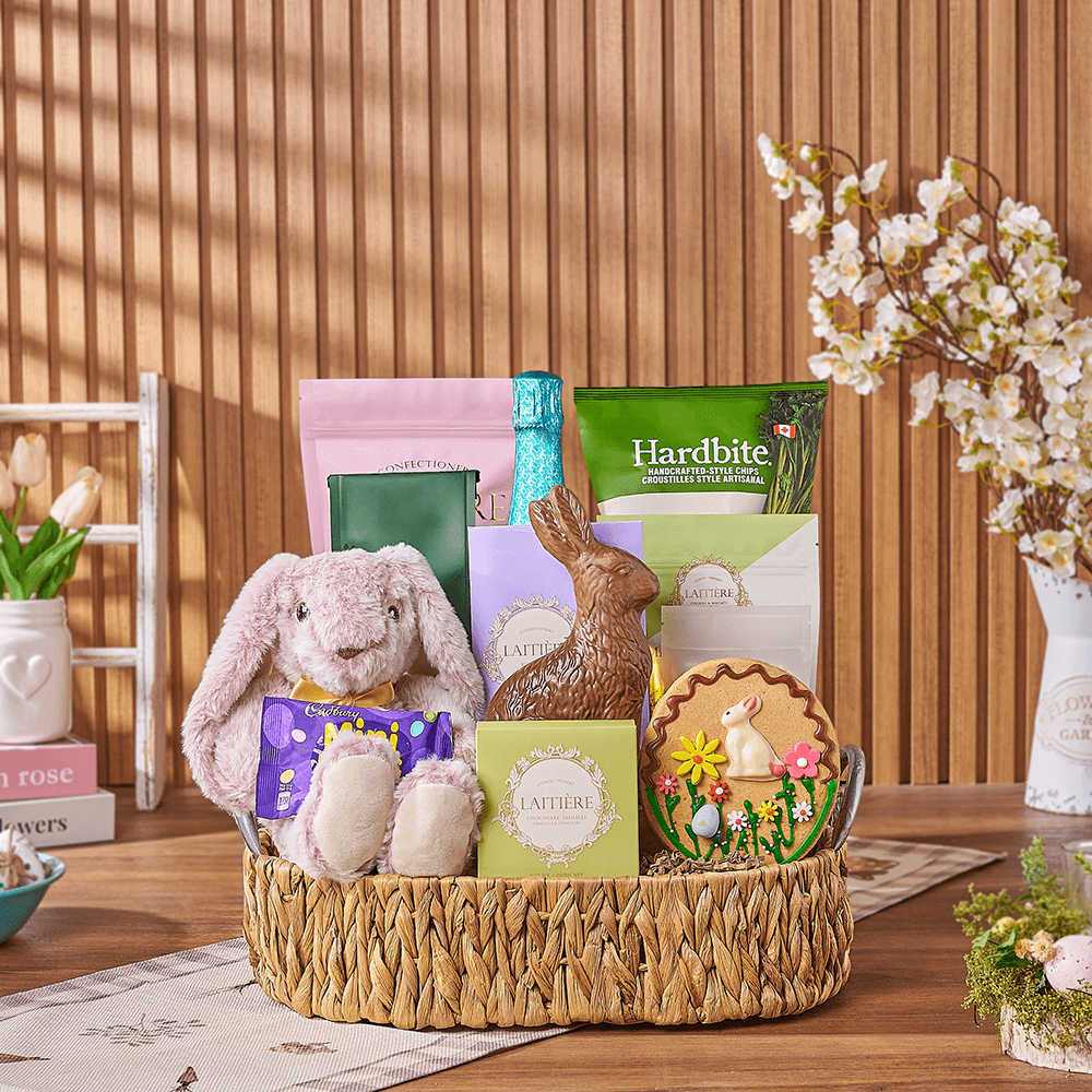 Sparkling Wine Gift Basket Featuring Easter Chocolates and Snacks – how the gift is presented