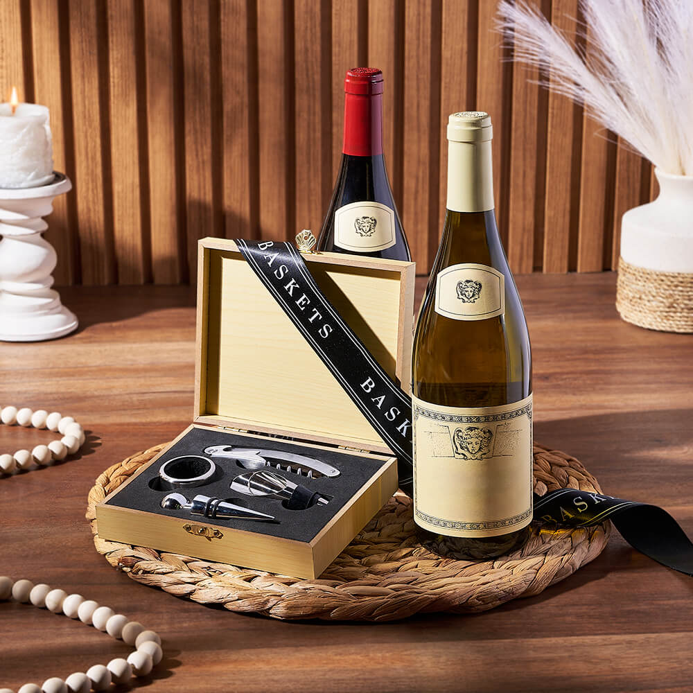 Custom Anniversary Gift Baskets - Elegant Wooden Wine Gift Set