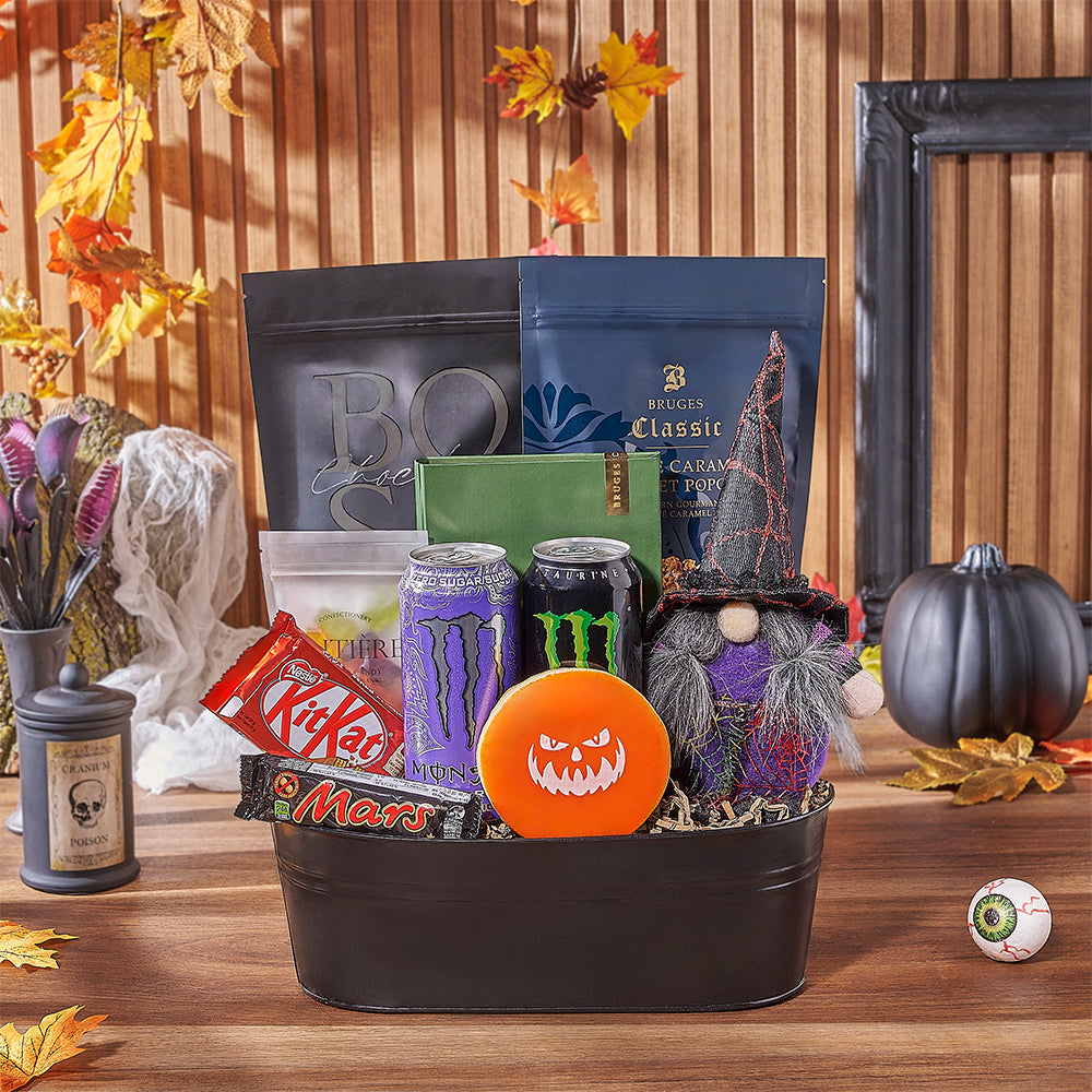 Halloween Dark Chocolate and Pretzel Basket – how the gift is presented