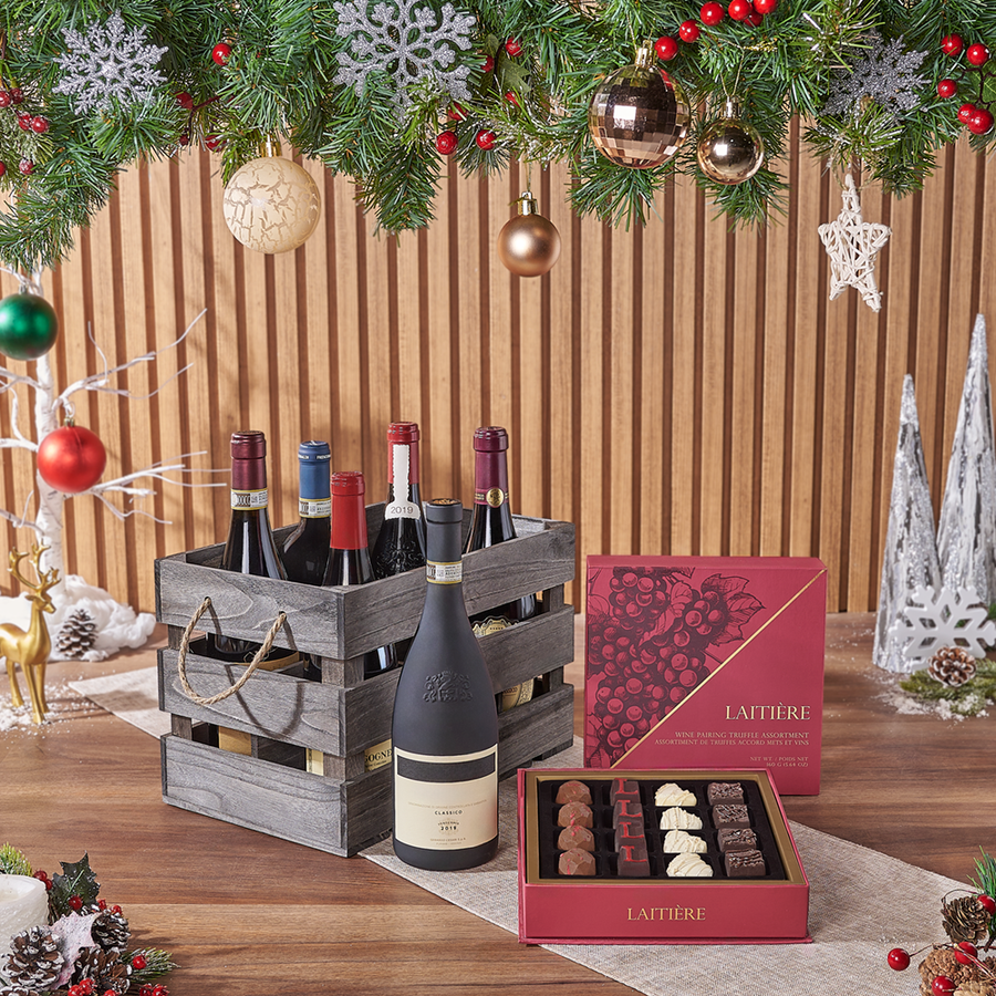 Festive Christmas Wine Gift Crate, wine gift, wine, christmas gift, christmas, holiday gift, holiday, chocolate gift, chocolate, Philadelphia delivery