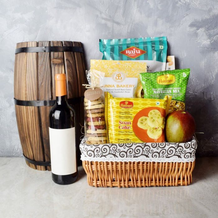 Diwali Wine and Sweet Treat Basket – how the gift is presented
