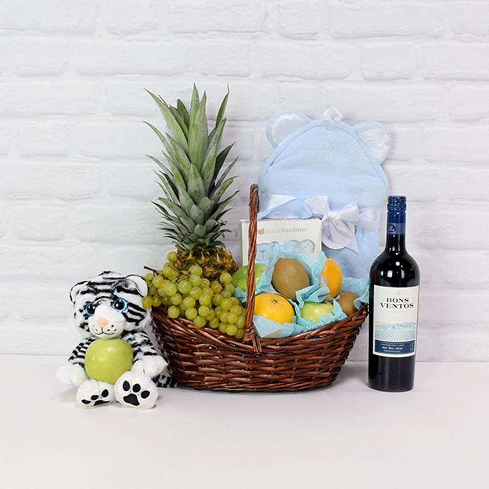 New Baby Wine and Fruit Basket – how the gift is presented