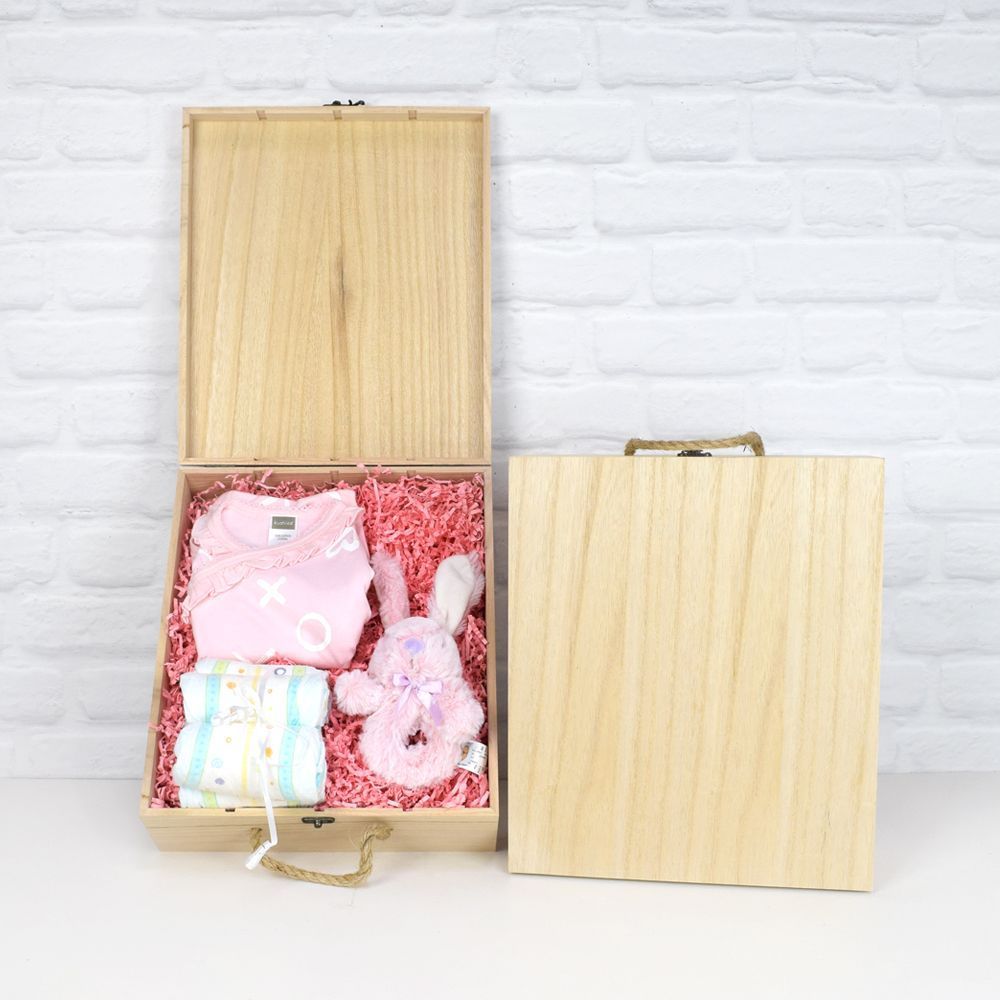 Baby Girl Celebration Gift Set Featuring Clothing, Diapers, and Plush Toy – how the gift is presented