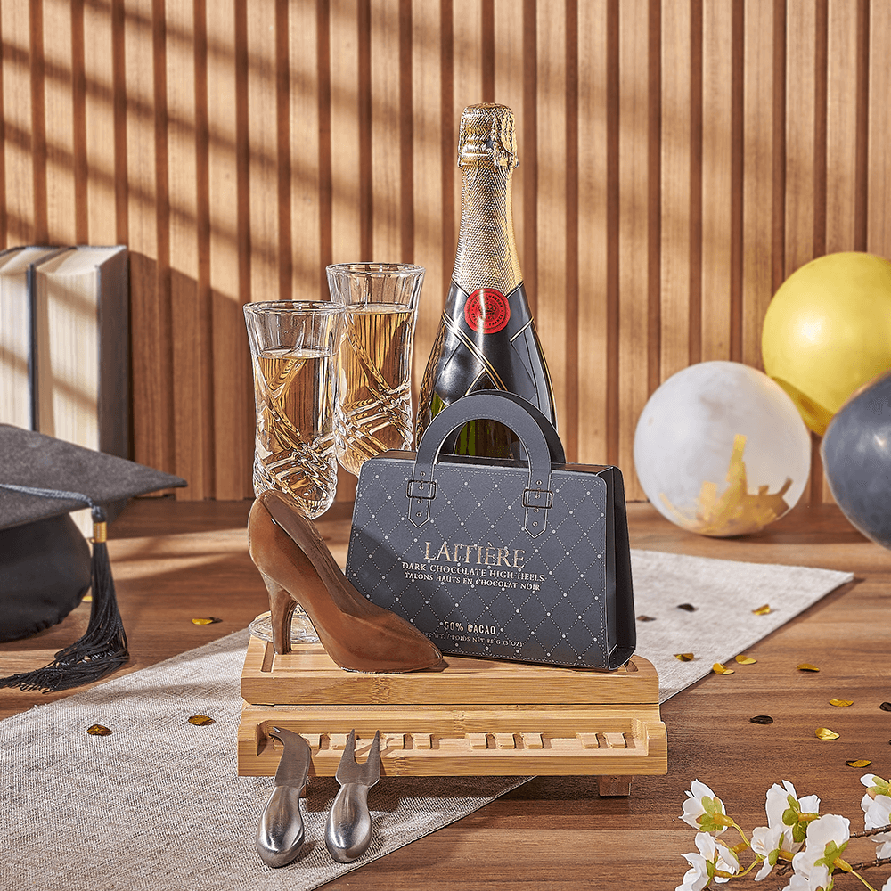 Premium Sparkling Wine Gift Basket Featuring Gourmet Chocolates and Cheese Board – how the gift is presented