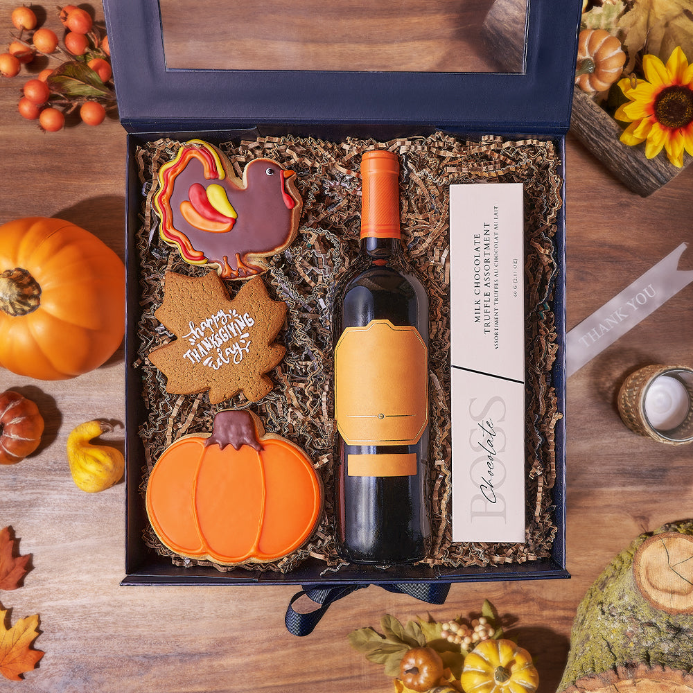 Happy Thanksgiving Wine &amp; Cookie Box, thanksgiving gift, thanksgiving, wine gift, wine, chocolate gift, chocolate, Philadelphia delivery