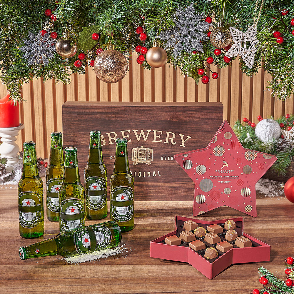 Holiday Beer Gift Basket with Hollyberry Gourmet Truffles – how the gift is presented