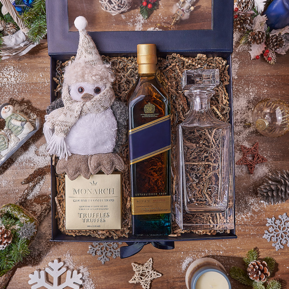 Holiday Liquor Decanter &amp; Treats Basket, liquor gift, liquor, chocolate gift, chocolate, decanter gift, decanter, christmas gift, christmas, Philadelphia delivery