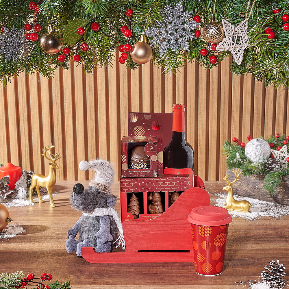 Holiday Wine and Chocolate Sled – how the gift is presented