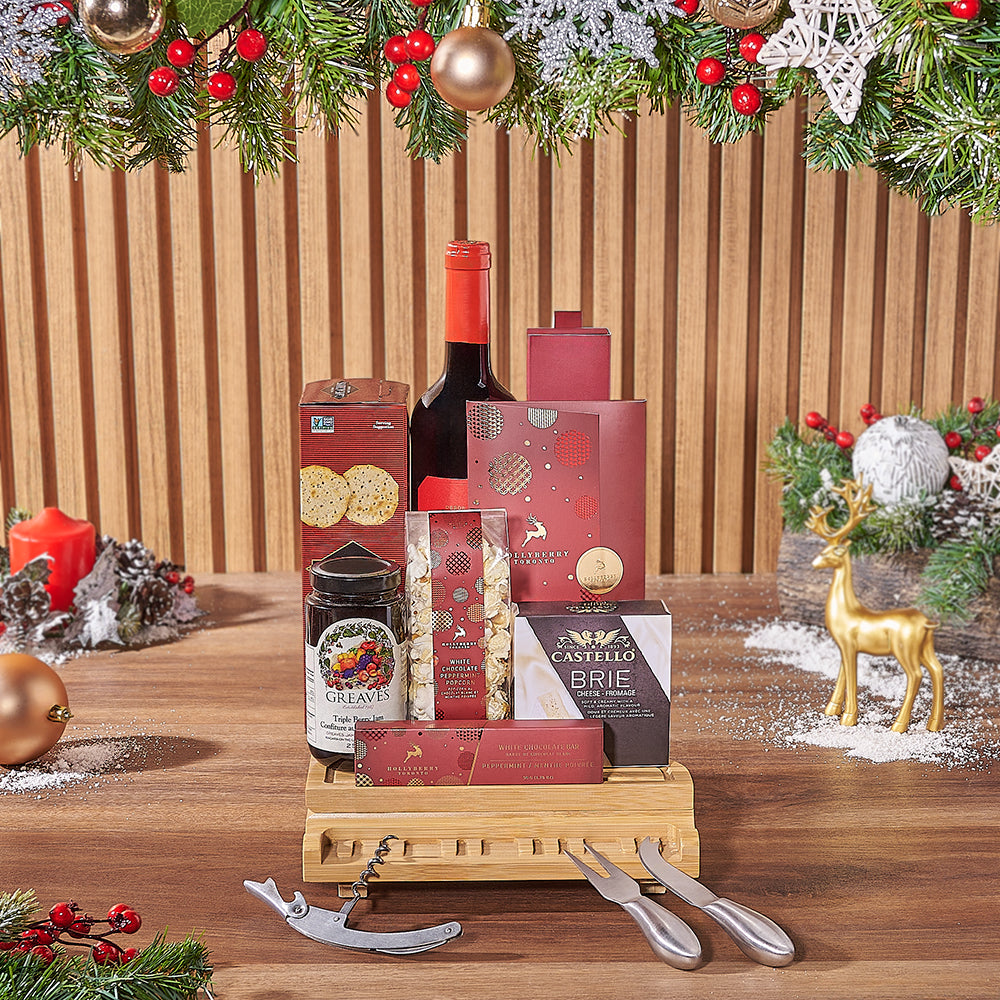 Wine and Snack Christmas Gift Basket – how the gift is presented