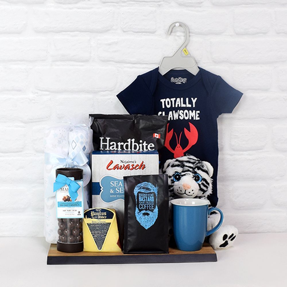 Newborn Baby Gift Basket with Cheese, Chocolates, and Plush Toy – how the gift is presented
