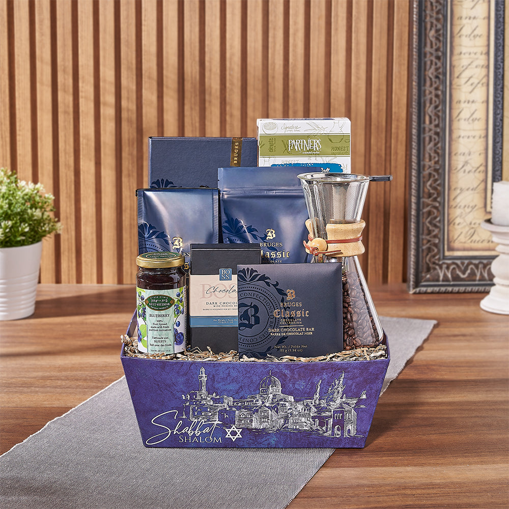 Hanukkah Kosher Crackers Chocolate Gift – gift basket with partners crackers olive oil & sea salt, bruges book blue and bruges dark chocolate chip