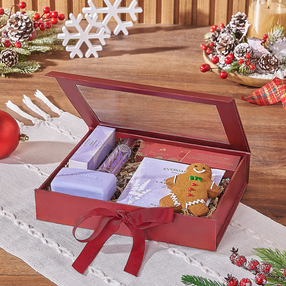 Holiday Lavender Spa Gift Box with Peppermint Chocolate and Gingerbread – how the gift is presented