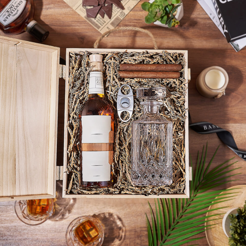 Liquor &amp; Decanter Crate, liquor gift, liquor, decanter gift, decanter, cigar gift, cigar, Philadelphia Delivery