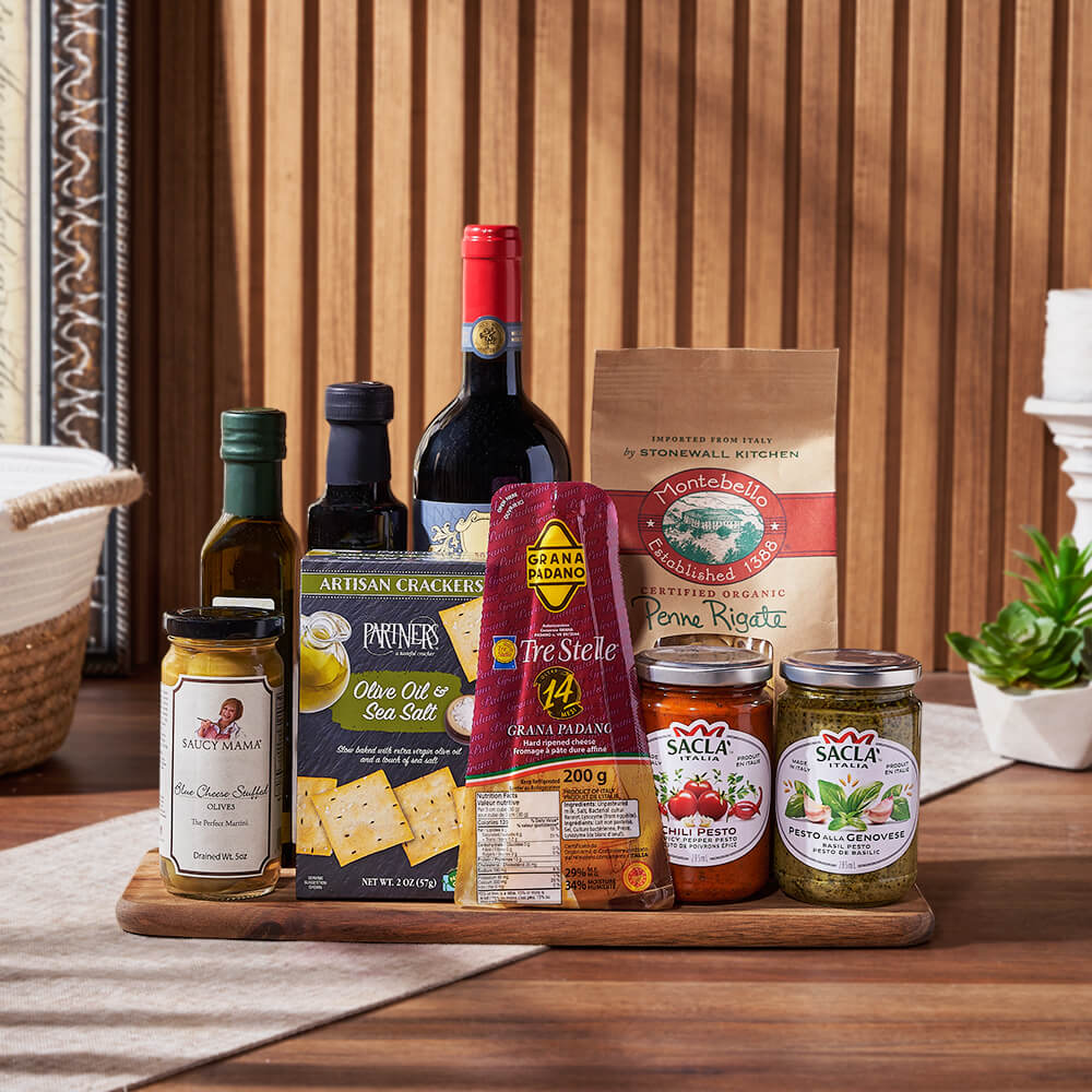 Wine and Gourmet Olive Oil Basket – how the gift is presented
