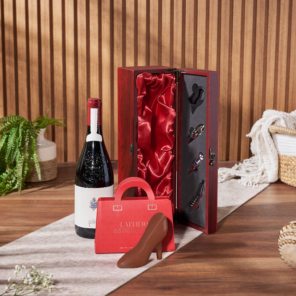 Mahogany Wood Wine Gift Basket, wine gift, wine, chocolate gift, chocolate, Philadelphia delivery
