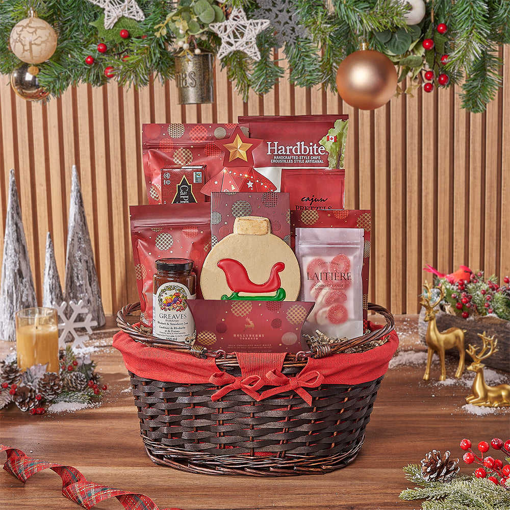 Festive Gourmet Snacks Assortment Gift Basket – how the gift is presented